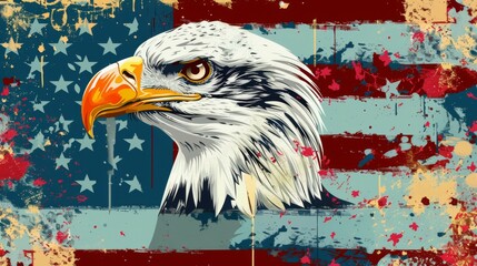 A dynamic side profile illustration of an American eagle against a distressed United States flag, embodying freedom and resilience with vibrant, dramatic artistic elements.