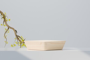 3d Wooden product display podium with blurred nature leaves background. 3d empty wood pedestal display podium mockup with nature leaves and natural leaf shadow. 3D render.
