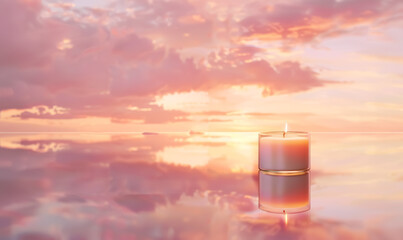 candlelight reflection on serene water during sunset, tranquil and glowing