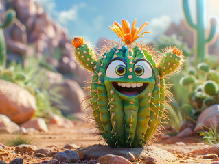 A whimsical illustration of an anthropomorphic cactus character 