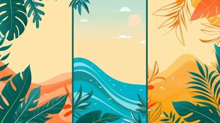 An illustration divided into three panels, presenting a dynamic beach scene with vibrant colors and tropical leaves, intertwined with soft waves and serene skies.