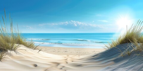 🏖️ Clear sky, white sandy beach, and blue grass beside create a serene coastal paradise. Perfect spot for relaxation and nature lovers! 🌞🌊