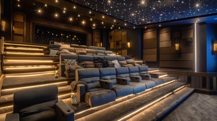 Naklejka premium Suburban contemporary home with a private cinema room that features tiered seating, surround sound, and starlight ceiling panels