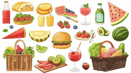 A colorful array of picnic items including various foods, fresh fruits, drinks, and baskets, all...