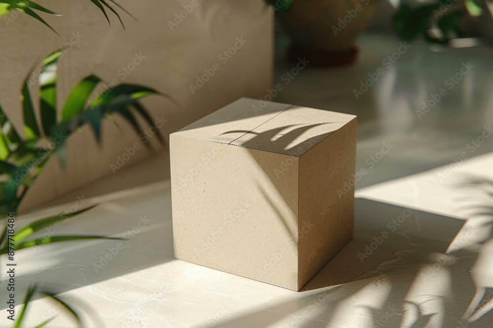 Poster minimalist product display featuring an empty cardboard cube on a white surface with tropical plants