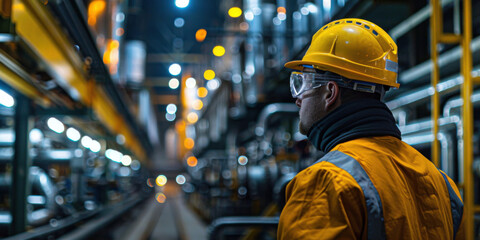 Worker wearing safety gear in a high-tech manufacturing facility, surrounded by advanced machinery and vibrant lighting.