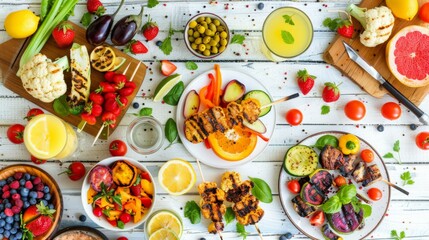 An inviting array of grilled skewers, fresh fruits, and vegetables displayed on a white wooden table, featuring colorful and healthy options perfect for a summer meal.