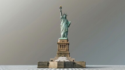 A front view of the Statue of Liberty with a clear platform visible, showcasing the grandeur of one of America's most famous landmarks against a nuanced grey sky background.