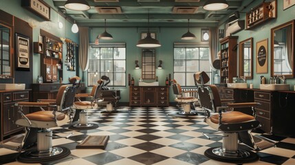 Vintage barbershop with five chairs on a checkered floor, well-lit with windows and a large mirror. Wooden cabinets, shelves, and artwork decorate the shop.