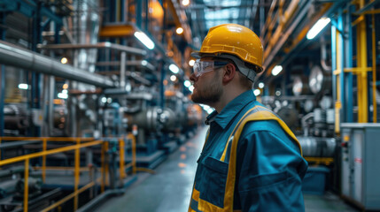 Profile of an industrial engineer wearing a hard hat and safety gear, inspecting machinery in a modern factory.