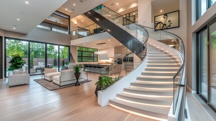 Suburban contemporary home with a sculptural staircase made of glass and steel, creating a stunning visual centerpiece