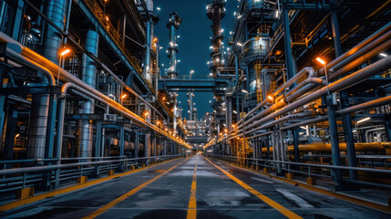 Fototapeta premium High-tech industrial plant illuminated at night, featuring advanced machinery, pipelines, and a vibrant, well-lit environment.