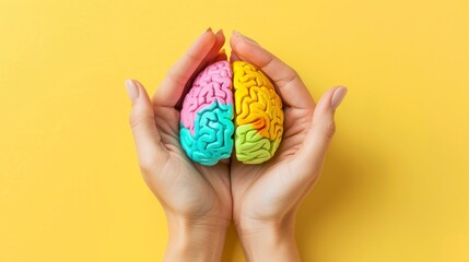 woman holding a colorful brain in yellow background. world mental health day concept