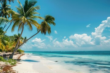 Obraz premium Turquoise water gently lapping on the shore of a white sand beach on a tropical island