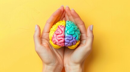 woman holding a colorful brain in yellow background. world mental health day concept