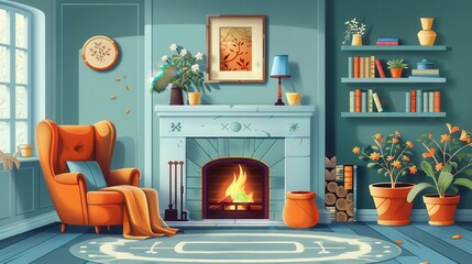 A cozy living room with a fireplace, a chair, and a clock