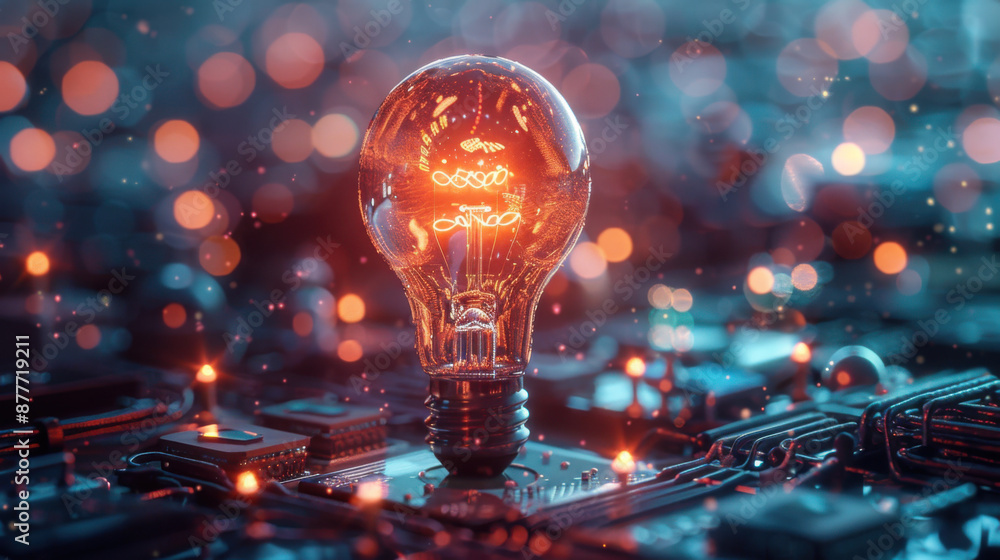 Poster close-up of a glowing lightbulb placed on a circuit board, symbolizing innovation and technology.