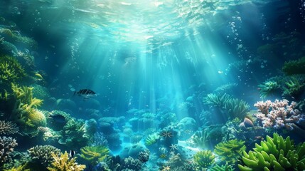 Fototapeta premium A calm underwater world with sunlight filtering through the water, illuminating a vibrant coral reef. A scene of peace and tranquility teeming with aquatic life.