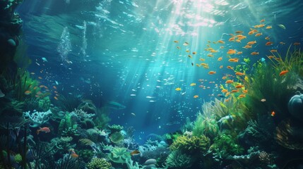 Fototapeta premium A stunning underwater realm where sunlit coral reefs and colorful fish create a vibrant scene. The light filtering through the water adds to the underwater magic.