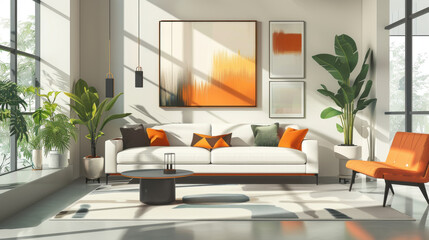 Bright modern living room featuring white furniture with orange accents, indoor plants, and abstract wall art.