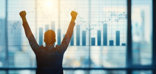 A man celebrates success with arms raised in front of a screen displaying business growth graphs, symbolizing achievement and financial growth. Profit reports showcasing exceptional performance