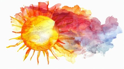 This watercolor artwork features a radiant sun with bold red and yellow splashes, merging into a colorful abstract background. It captures the essence of a sunny disposition.