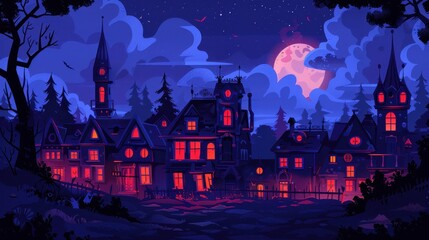 A dark and eerie scene of a town at night with a full moon in the sky
