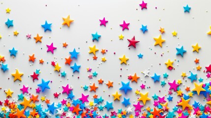 The image depicts a variety of polychromatic star-shaped confetti scattered densely upon a white background, exuding an atmosphere of celebration, joy, and festivity.