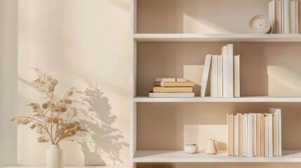 Fototapeta premium A minimalist bookshelf with neatly arranged white books, a ceramic vase with dried flowers, and gentle sunlight casting shadows, creating a serene indoor scene.