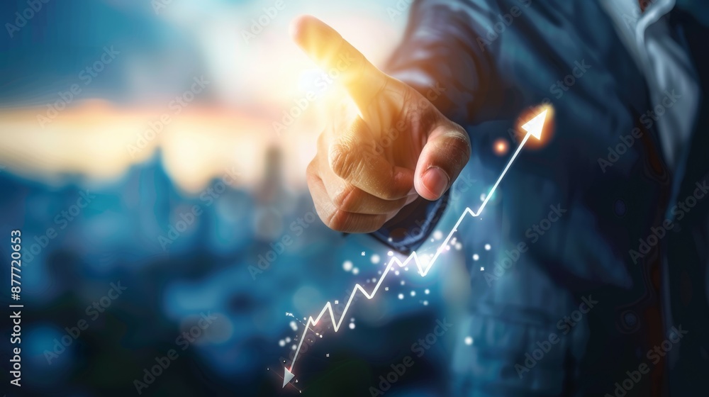 Poster a man is pointing to a graph with a rising arrow, global networking