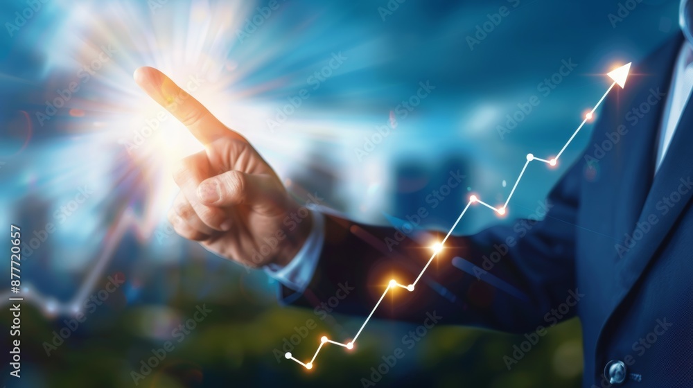 Poster a man is pointing at a graph with a rising line, global networking