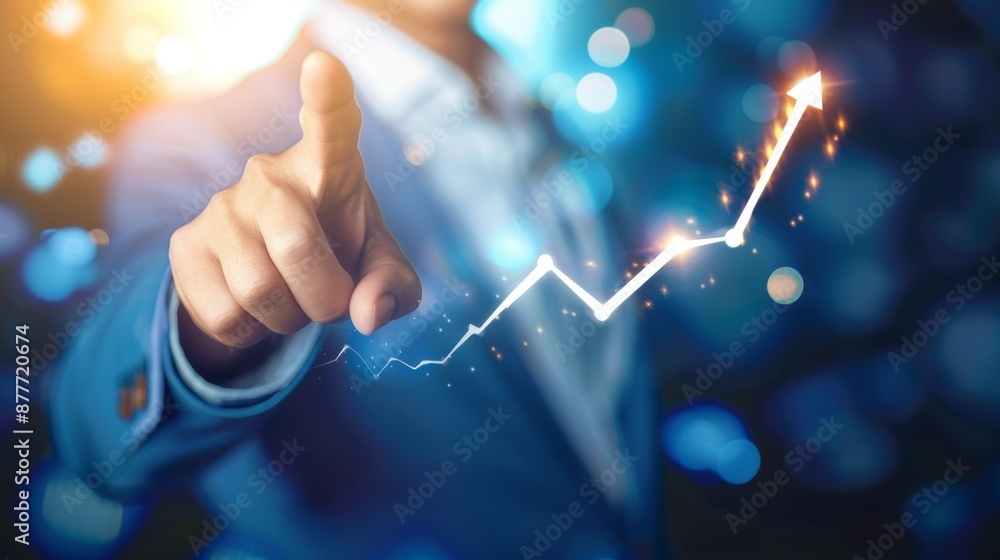 Poster a man is pointing at a graph with a rising arrow