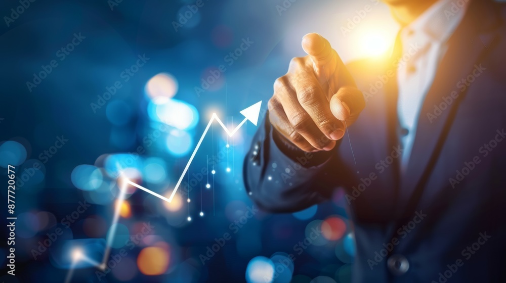 Poster a man in a suit is pointing at a graph with a line going up