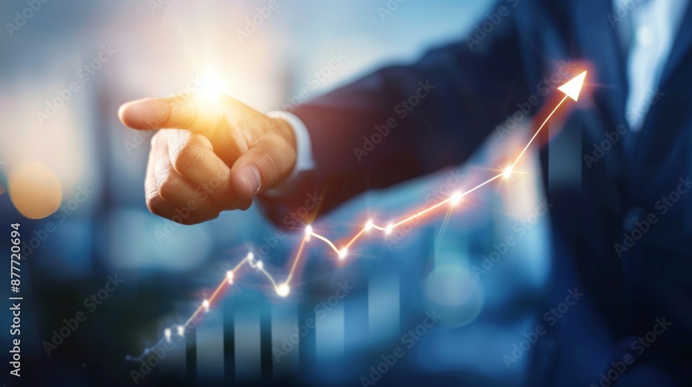 Poster a man pointing to a graph with a rising arrow