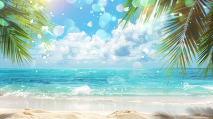 Fototapeta premium A bright and sunny beach scene featuring gentle ocean waves rolling onto the sandy shore under a blue sky, framed by lush palm fronds and vibrant sunbeams.