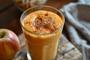 Glass of pumpkin smoothie is sitting on a wooden board, topped with chia seeds and cinnamon