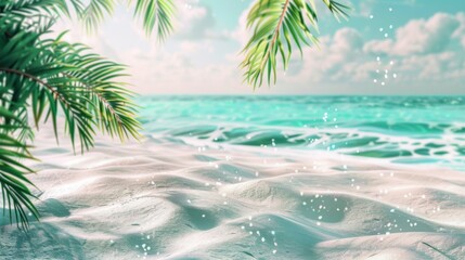 Fototapeta premium A serene beach with soft white sand and calm turquoise waters, framed by lush palm leaves under a beautifully clear sky, creating a peaceful and idyllic setting.