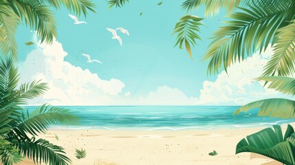 Naklejka premium A picturesque tropical beach scene showcasing a clear blue sky, gentle waves, and lush palm fronds, evoking a sense of peace, relaxation, and natural beauty, perfect for a tropical getaway.