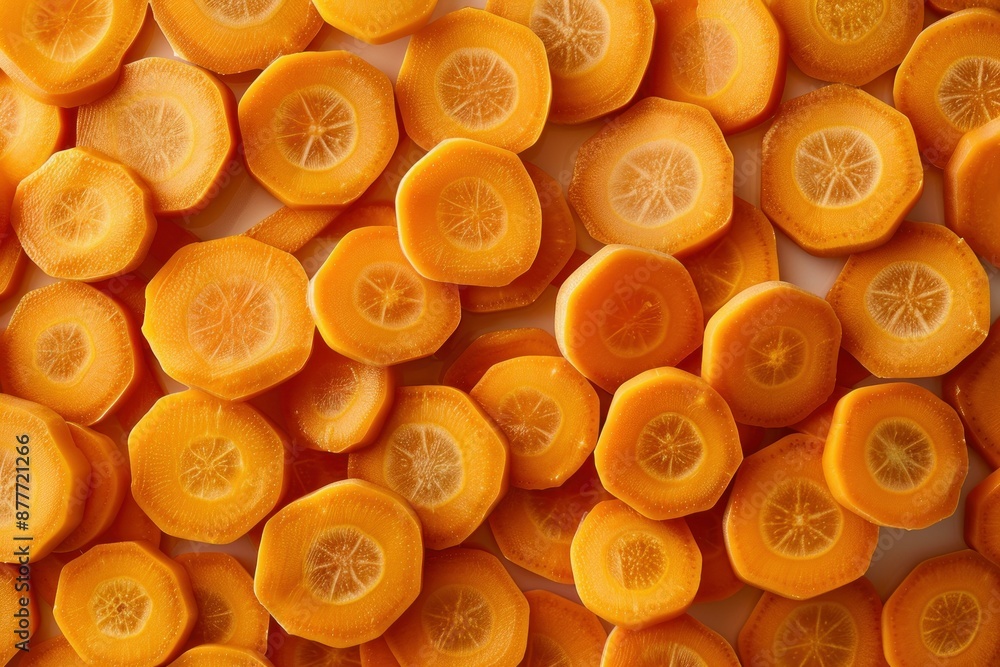 Poster scattering of carrot slices creating an orange texture