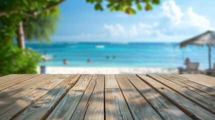 Fototapeta premium A peaceful wooden deck overlooks a calm, tropical beach scene with crystal clear waters under a blue sky, perfect for a tranquil getaway.