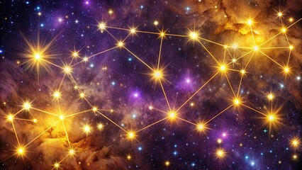 Vibrant starry night sky featuring majestic Leo constellation pattern in shades of gold and purple, symbolizing confidence, courage, and regal energy.