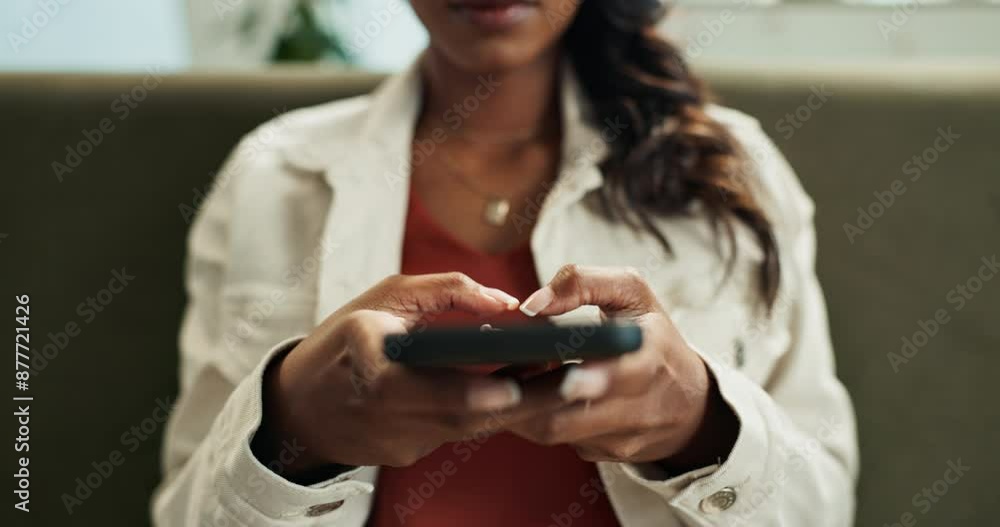 Poster Typing, phone and hands of woman in home with online work, social media and mobile app with text. Technology, relax and lounge sofa with notification, internet scroll and digital search on website