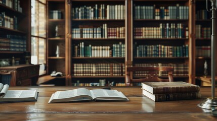 A warm and inviting library scene with an open book on a wooden table, surrounded by shelves filled with various books, suggesting an atmosphere of knowledge and reflection.