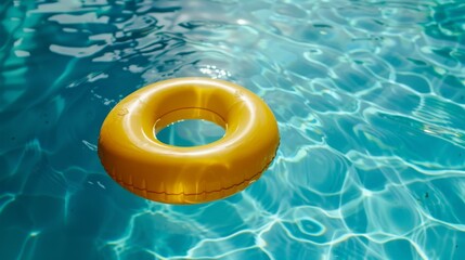 A top-down shot of a yellow inflatable ring floating in the clear, shimmering water of a swimming pool, highlighting the vibrant colors and peaceful ambiance of a sunny day.