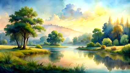 The Serene Embrace of Nature: A Tranquil Landscape in Watercolor Generative AI Neural artwork
