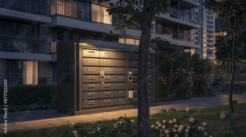 Poster a large package delivery station sits outside an apartment building at night, illuminated by a singl