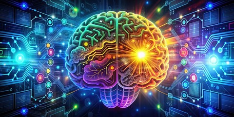 Colorful brain illustration surrounded by digital gears, circuits, and futuristic interfaces, representing innovative cognitive enhancement and mental performance optimization through technology.