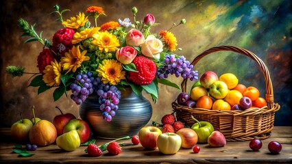 A Tapestry of Texture and Color: A Detailed Oil Painting of a Still Life Arrangement of Fresh Fruit and Flowers Generative AI Neural art
