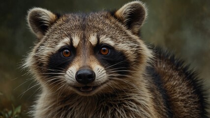 A close-up of a curious raccoon with expressive eyes in a forest setting, highlighting its detailed fur and natural habitat.
