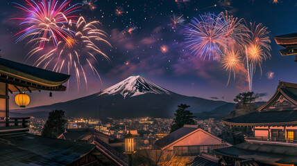 寺院と富士山の花火